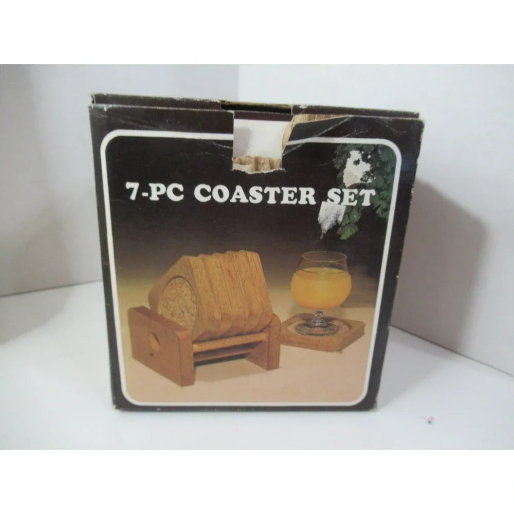 Vintage wood cork coaster set w/ stand in box Clorwood dist. Taiwan